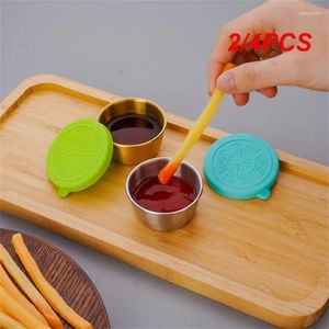 Bottiglie di stoccaggio 2/4 pezzi Contenitori per condimenti riutilizzabili Tazza per salsa in acciaio inossidabile con coperchi in silicone Contenitore per condimenti per insalata da 1,7 once Cibo da picnic