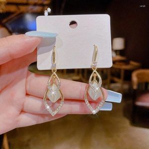 Dangle Earrings Korean Fashion Rhombus Moonstone Boho Elegant Jewelry Wedding Banquet Accessoriesとの完全な光沢のあるジルコンの装飾