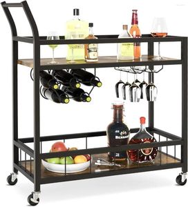 Kuchnia barowa wózek domowy przemysłowe wino mobilne serwujące na kołach z półkami stojak i szklany uchwyt czarny