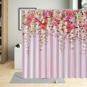 Dusch gardiner fjäderblommor växt vinrankary badrum dekorera rosa hängande blommor gardin polyester vattentät med krokar