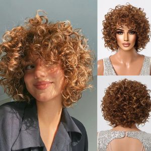 Wigs Golden Brown Synthetic Wigs Short Kinky Curly Bomb Wig Full Fluffy Afro Fake Hair for Black Women Daily Cosplay Heat Resistant