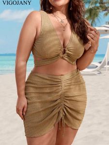 Kadın Mayo Vigojany 2024 Katı 3 Parçalı Yüksek Bel Etek Plus Boy Bikini Seti Kadınlar Swapped Push Up Big Mayo İçi Boş Tombul Banyo