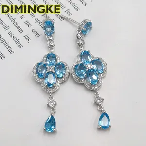 Серьги-подвески DIMINGKE-S925, стерлинговое серебро, 6 яйцеобразных, синий топаз, высокое ювелирное искусство, женский подарок на годовщину вечеринки