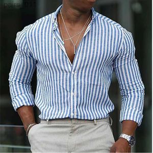 Erkek sıradan gömlekler 2023 yeni moda erkek gömlek şerit baskısı ince yeşil renk gök mavisi açık sokak uzun kollu giyim şık tasarım gündelik 240402