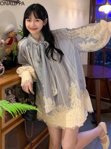 Casual Dresses Onalippa Heavy Industry Lace Patchwork Shirt Dress Up Bow Striped Loose Mini French Style Lantern Sleeves Shirts