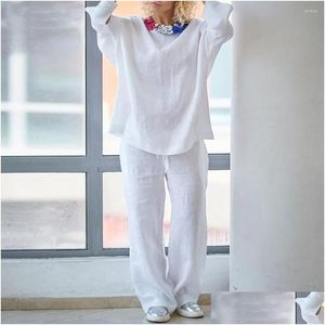 Calças femininas de duas peças retas 2 unidades / conjunto elegante em torno do pescoço camisa de cor pura conjunto de virilha profunda roupa feminina cintura elástica para casa drop dhsse