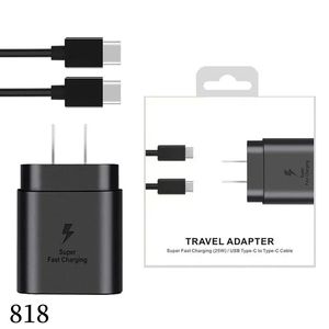 25W Type-C USB-C PD-väggladdare Super Fast Charging Adapter med typ C-kabel för Samsung Galaxy S21 S20 Obs 20 Obs 10 Android-smartphones 818D