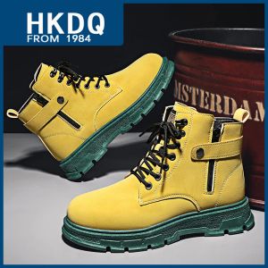 Boots HKDQ New Fashion Yellow Winter Boots For Men Leather Comfort Zip Men's Casual Ankle Boots Outdoor Nonslip Mens High Work Boots