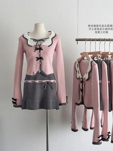 ワークドレス日本のファッション甘い衣装2ピースセット女性シックピンクカーディガンボウエラスティックウエストa-lineスカートコケット2000年代美学