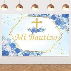 Decoração de festa Kreatwow-Mi Bautizo Pano de fundo Azul Batismo Decoração Deus abençoe a primeira comunhão sagrada chá de bebê nascido