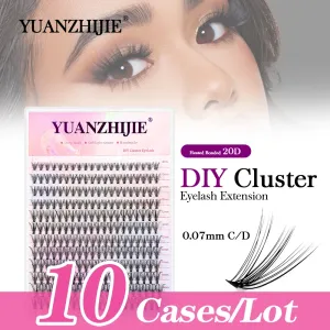 Eyelashes yuanzhijie 10Cases/lote 20d Extensão de cílios diyhhash 240pcs cluster 0,07c/d curl 820mm comprimento de mistura individual mais brilhante cílio reutilizável