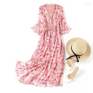 Sukienki imprezowe Wysokiej jakości jedwab dla kobiet swobodna letnia sukienka 2024 Elegancka kwiatowa kobieta vestido de Mujer PPH4705