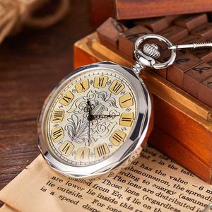 Silver Hollow Mechanical Pocket Watch Mens Luxury Mönster Graverad klocka Romersk siffra Dial Fob Chain Women Relogio Masculino