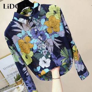 Spring Autumn Cotton Linen Casual Fashion Floral Print Shirt Loose All-Match Sweet Blouse Femme Bekväma toppkvinnor 240329