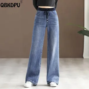 Jeans Übergröße 34 Lässige Jeans mit weitem Bein für Damen, Patchwork, hohe Taille, Vintage, Baggy, Vaqueros, Frühlings-Jeans, Schnürung, gerade Pantalon