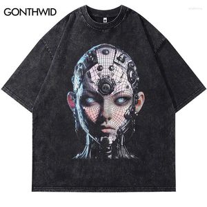 Men's T Shirts Men Vintage Tshirt Retro Robot Graphic Print Washed Black T-Shirt Hip Hop Punk Gothic Streetwear 2024 Harajuku Loose Cotton