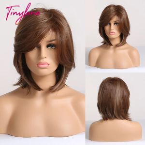 Wigs TINY LANA Synthetic Hair Bob Wig with Side Fringe Mixed Brown Color Natural Hairline Heat Resistant Work Party Wig for Women