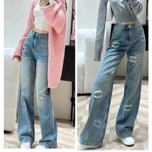 Chanei Chanells Designer High End Women's Wear Letter Flocking Vintage Medium Hög midja Casual Slant Straight Ben Jeans 164