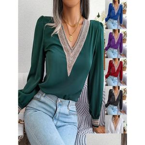 Womens Blouses Shirts White Plover Shirt Women Spring Autumn Fashion Embroidery V-Neck Long Sleeve Green Loose Blouse Ladies Top Offic Dh3Xq