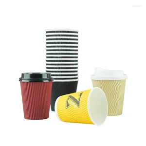 Disposable Cups Straws 50pcs Coffee Paper Cup Corrugated Thickened Heat Insulation Anti-scalding Double Layer Color With Lid 8oz