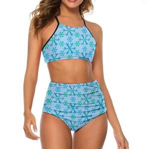 Women's Swimwear Snowflake Print Bikini Swimsuit Sexy Blue And White High Waisted Set Ladies Two Piece Swimsuits Swim Beach Wear