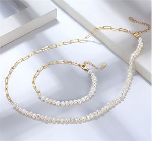 Colar de prata esterlina s925, corrente circular, costura, colar de pérola barroca natural com o mesmo conjunto de joias de pulseira