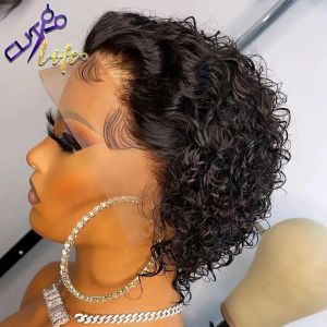 Wigs Pixie Cut Short Bob Curly Lace Frontal Human Hair Wig Transparent Deep Wave Lace Front Wigs For Women