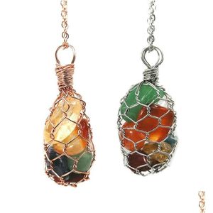 Pendant Necklaces Jln Wire Wrapped Net Irregar Stone Seven Chakra Gemstone Metal Pendants With Anti Tarnished Chain Necklace Gift For Dhleq