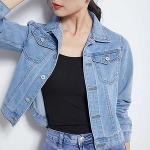 Student Blue Jacket Short Denim Jacket Denim Shirt Spring and Autumn Solid Color Long Sleeve Womens Top 1mxeg