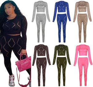 2023 Spring Fall Designer Womens Tracksuits 2 Piece Pants Set Sexy Hollow Hole High Waist Tight Leggings Outfits Bodysuits8465258