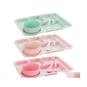 Flatvaruuppsättningar 5st betyg Uppdelad middag Tray Lunch Container Plate School Canteen Lätt att rengöra stapelbar matverktyg Flatware Drop D D OTGH2