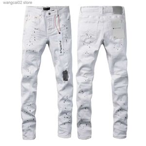 Jeans masculinos nova moda 2024 magro 1 1 jeans marca roxa outono e inverno jeans alta strt pintura branca envelhecido t240402