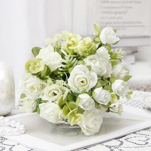 Flores decorativas 6 garfos 12 botões artificial mona rosa selvagem flor para decoração de casa decoração de casamento acessórios de mesa de jantar