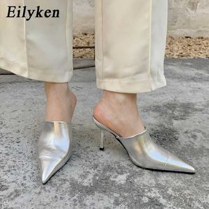 Slipare Eilyeken Fashion Silver Womens Slim High Heel Shoes With Dot Toe Design Slide Summer Mule Slide Shoes J240402