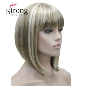 Wigs StrongBeauty Short Straight Blonde Highlighted Bob with Bangs Synthetic Wig Black Brown Red Women's Wigs COLOUR CHOICES