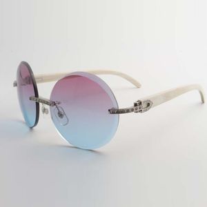 New style small diamonds sunglasses 3524012 round trimming lens with natural white buffalo horn temples, Size: 56-18-140 mm