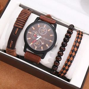 Wristwatches 4pcs Brown Leather Strap Quartz Watch With Bracelet For Men Casual Fashion Round In Daily Sport