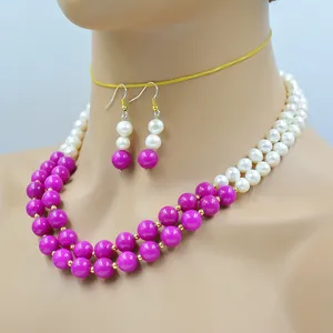 Necklace Earrings Set 2 Rows Of Natural Freshwater Cultured Pearls/semi Precious Stones. Women's Wedding