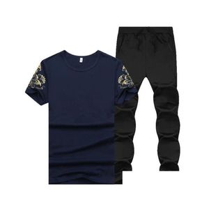 Męskie dresy letnie mężczyźni sportowe dres do wydrukowania szczupła, chłodne krótkie rękawy z joggerami spodnie swobodne garnitur Dostawa DHARE DH2PA