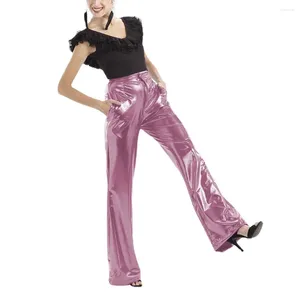 Spodnie damskie moda kobiety seksowne błyszczące metaliczna sztuczna skóra wysoka talia Trąbka spodnie długie imprezy klubowe ulice zwykłe