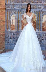 빈티지 레이스 아플리케이 볼 가운 웨딩 드레스 우아한 34 긴 슬리브 새틴 플러스 크기 신부 가운 스위프 트레인 4755376