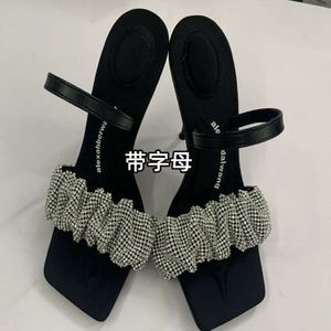 Dawang New High Heels 2024 One Line High Heel Sandals Square Toe Open Open Toe Shoes Black Rinestons