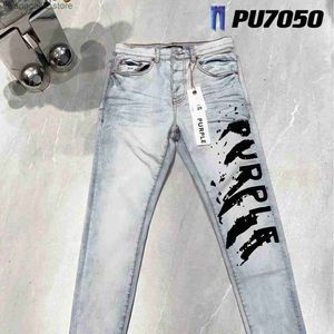 Jeans masculinos nova moda jeans finos 24ss roxo marca 1 1 outono/inverno jeans alto strt azul impresso carta jeans t240402