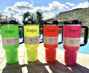 New Neon Yellow Pink Orange Green With 1:1 Logo Quencher H2.0 40oz Stainless Steel Tumblers Cups with handle Lid And Straw Car mugs Water Bottles 0402