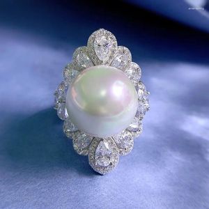 Anelli a grappolo 2 in 1 Set di anelli di diamanti con perla da 16 mm Set di fedi nuziali in vero argento sterling 925 per le donne Gioielli di fidanzamento da sposa