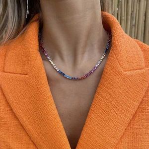 Naszyjniki wisiorek lodowe Rainbow Kolorowe kobiety Hip Hop Choker Pave Pave 5a Cubic Zirconia 4 mm łańcuch tenisowy Choker Naszyjnik Drop Statk Q240402