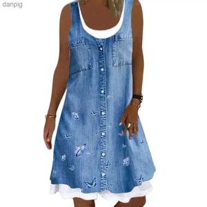 Abiti sexy urbani Taglie forti Abito senza maniche in denim imitazione per le donne 2023 Camicia casual estiva Minigonna Abbigliamento femminile oversize Vestido Panno Y240402