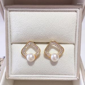 Ohrstecker ZHBORUINI 14K vergoldete natürliche Perle Mikro eingelegter Zirkon Quadrat 925 Silber Ohrnadel für Damenschmuck