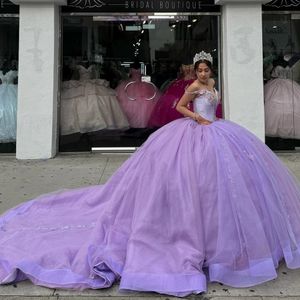 Luxurious Beaded Pearls Appliques Lace Ball Gown Quinceanera Dresses Off Shoulder Sleeves Beauty Purple Prom Evening Party Pageant Birthday Gowns Dress