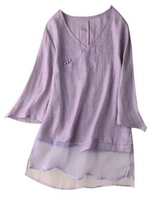 Shuchan Purple Blouses for Women Style w chińskim stylu Ramie Patchwork Vneck Three Quarter Sleeve Splated Ladies Tops 2105089556952